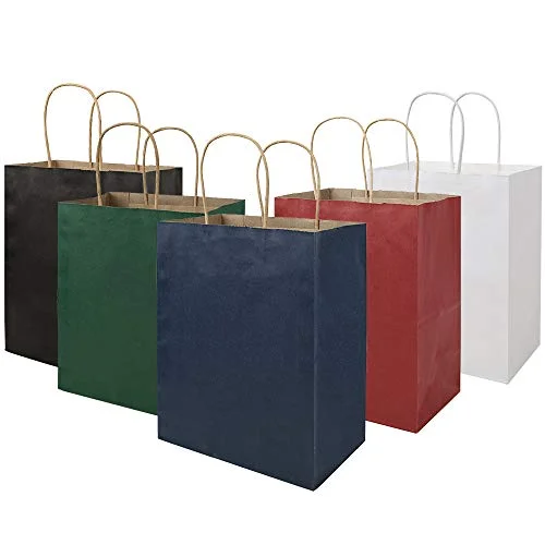 100 Pack Multicolour Medium Gift Bags with Handles Bulk, 8×4.75×10 inch White/Black/Green/Blue/Red Each 20pcs bagmad Kraft Birthday Party Favors Grocery Retail Shopping Craft Paper Bag (Multi Colored)