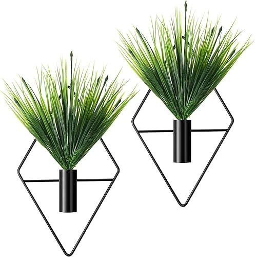 2 Pieces Wall Decor Hanging Planters with Artificial Plants Metal Hanging Vase Indoor Plants Holder Modern Geometric Wall Art for Home Bedroom Living Room Office(Black)
