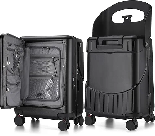 20 Inch Ride on Luggage with Seat for Kids Top Opening Aluminum Frame Suitcase with Spinner Wheels Locks for Travel(Black)