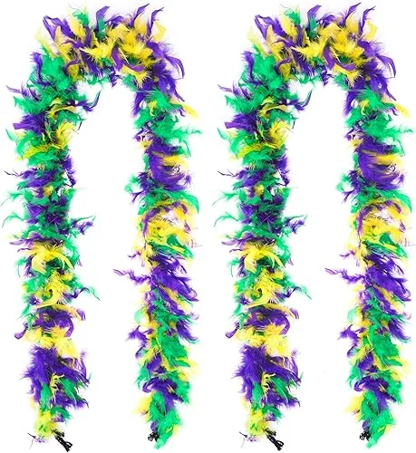 2pcs Mardi Gras Feather Boa 5.9Ft / 70 Inch Long Colorful Feather Boas Fluffy Feathers Mardi Gras Costume Accessory Set for Party Halloween