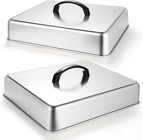 2pcs Rectangular Basting Cover, Stainless Steel Cheese Melting Dome Steaming Cover Lid, Commercial Grade Heavy Duty Griddle Grill Accessories for Flat Top Grill Cooking