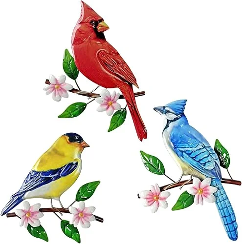 3 pcs 3D Metal Birds Wall Art Decor,Set of 3 Vivid Birds on Branch Metal Birds Wall Decor Hanging Floral with Birds Indoor Outdoor Wall Decor Fence Garden Courtyard Decoration