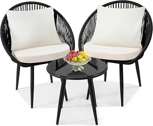 3 Piece Bistro Set, Woven Rope Chair with Cushions, All Weather Patio Conversation Set with Side Table, Ideal for Deck, Balcony, Poolside, Black