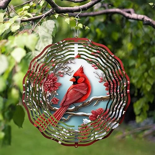 3D Cardinal Bird Wind Spinner 10 Inch Stainless Steel Metal Art Kinetic Sculpture Red Bird Hanging Ornament for Garden, Yard, Patio, and Home Décor Christmas Decor