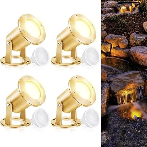 4 Pcs Solid Brass Waterproof Pond Lights LED Underwater 7w Mr16 Bulb Submersible LED Lights for Long Lasting Beautiful Watertight Bright Pond Light and Pool Water Fountain, Brass Color