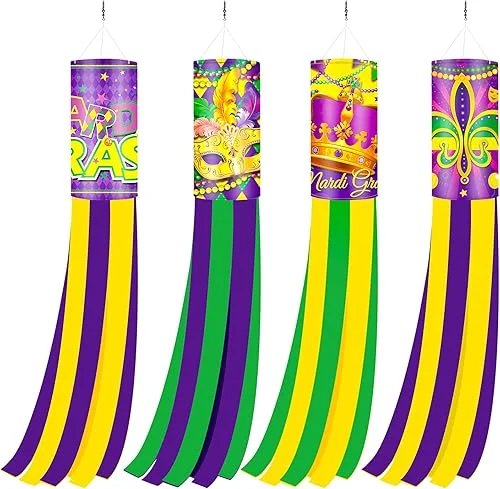4 Pieces Mardi Gras Wind Sock 40 Inch Mardi Gras Spinners Windsock Outdoor Decorations Purple Yellow Green Flags for Home Yard Party Decorations