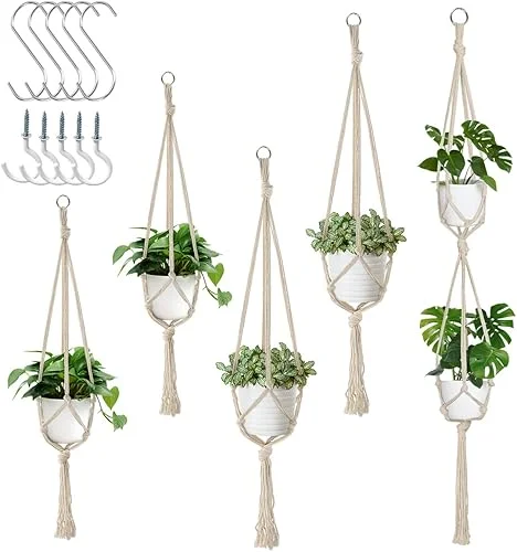 5 Pack Macrame Plant Hangers, Indoor Hanging Plant Holder with S Hooks and Hook Nails, 3 Sizes 34’/40’/54′, Handmade Macrame Planter Hanging Baskets for Small Plant Pots, Boho Home Decor (Beige)