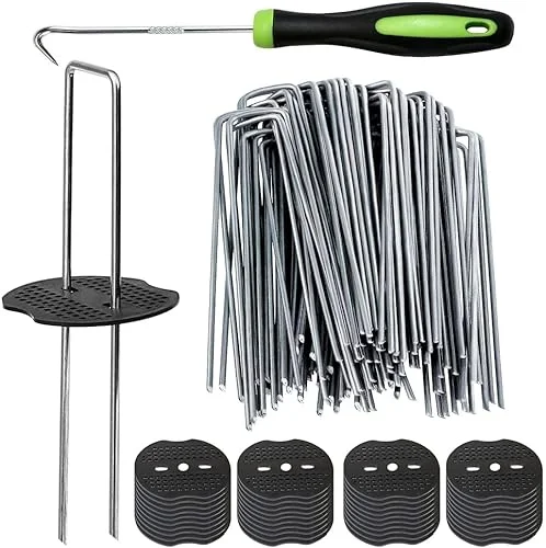 50Pcs Garden Stakes Staples + 50Pcs Gasket, Bakulyor 6 Inch Lawn Landscape Staples 11 Gauge U Shaped Galvanized Landscape Pins, Heavy Duty Yard Ground Pin for Weed Barrier Sod Fabric Decorations – 6′