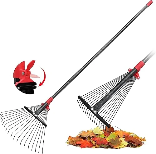 60 Inch Rake for Leaves , Adjustable 18 Metal Tines with Expandable Head Garden Rakes for Lawns Heavy Duty Metal Rake for Leaves Yard Gardening Grass Outdoor Debris