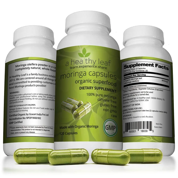 A Healthy Leaf Organic Moringa Capsules – Vibrant Green | Moringa Capsules Organic | 100% Pure Moringa Leaf Capsules | Energy & Immune System Support