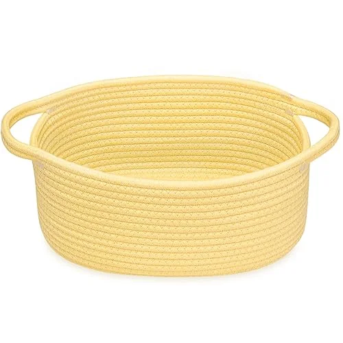 ABenkle Small Basket, 12’x 8′ x 5′ Cute Small Woven Basket, Rope Room Shelf Storage Basket, Cat Dog Toys Basket Chest Box, Decorative Empty Gift Basket with Handles – White & Grey & Dark Grey