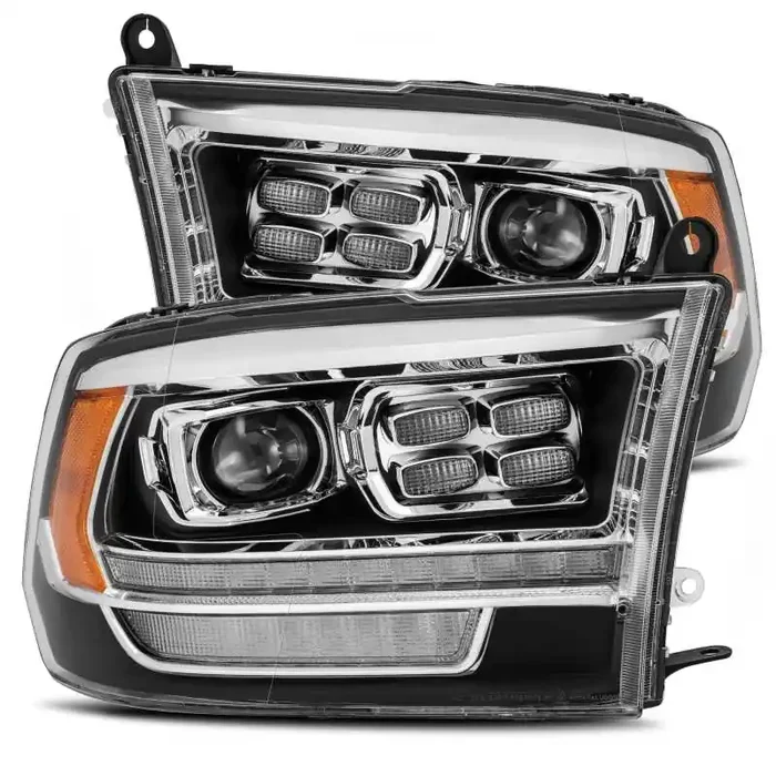 AlphaRex 09-18 Dodge Ram 1500HD PRO-Series Proj Headlight Plnk Style Blk w /Chrm Acc w /Seq Signal /DRL