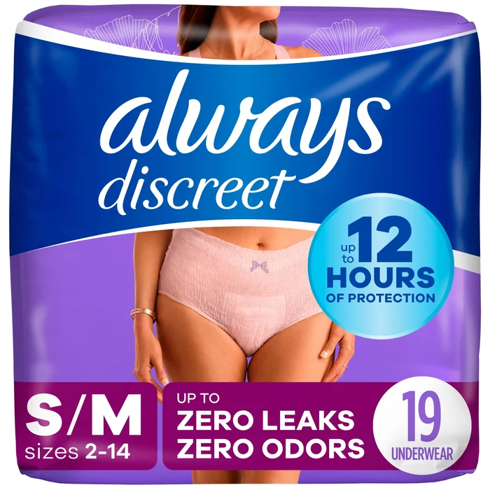 Always Discreet Adult Incontinence & Postpartum Underwear For Women, Size Small/Medium,White, Maximum Absorbency, Disposable, 19 Count(Pack of 1) (Packaging May Vary)