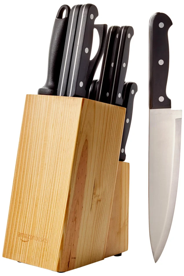Amazon Basics 14-Piece High Carbon Stainless Steel Kitchen Knife Set with Sharpener and Pinewood Block, Black