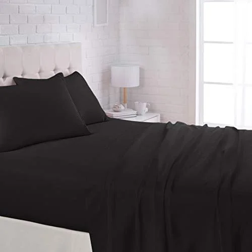 Amazon Basics Lightweight Super Soft Easy Care Microfiber Comfortable Fits Well 4-Piece Bed Sheet Set with 14-Inch Deep Pockets, Queen, Black, Solid