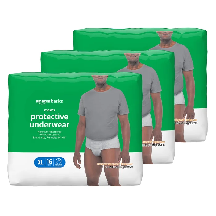 Amazon Basics Men's Protective Underwear, Maximum Absorbency, Extra Large, 48 Count, (3 Packs of 16)