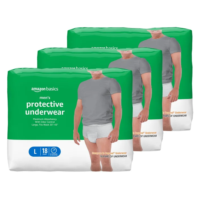 Amazon Basics Men's Protective Underwear, Maximum Absorbency, Large, 54 Count, (3 Packs of 18)