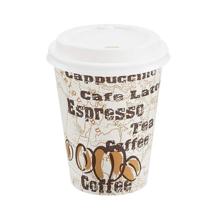 Amazon Basics to Go Hot Paper Coffee Cups with Lids, 12 oz, Café Design, Disposable, 100-Count