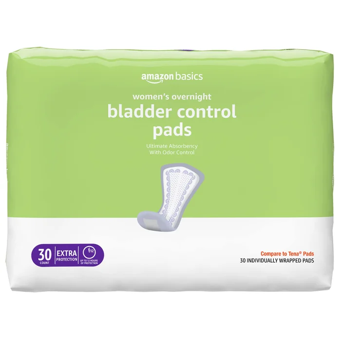 Amazon Basics Women's Incontinence Pads, Bladder Control & Postpartum, Overnight Absorbency, Unscented, 30 Count, (1 Pack of 30)
