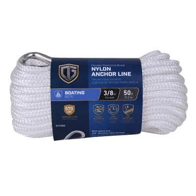 Anchor Rope, Double Diamond Braided, White, 3/8 In. X 50 Ft.