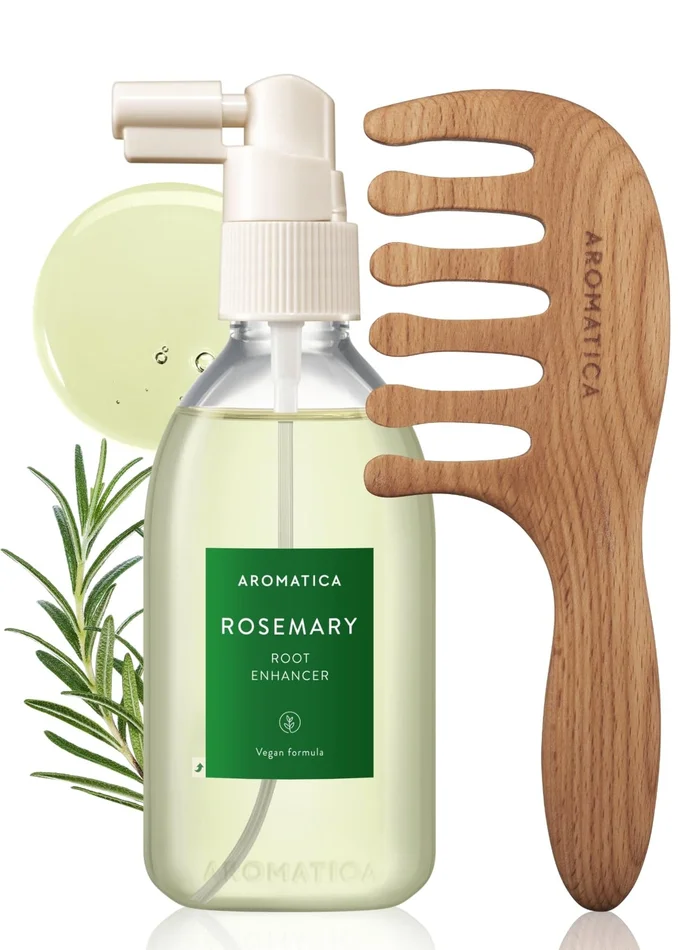 AROMATICA Rosemary Root Enhancer & Wooden Scalp Massager Set – Scalp Nourishing Spray with Food-graded Rosemary Essential Oil – Improve Hair Growth