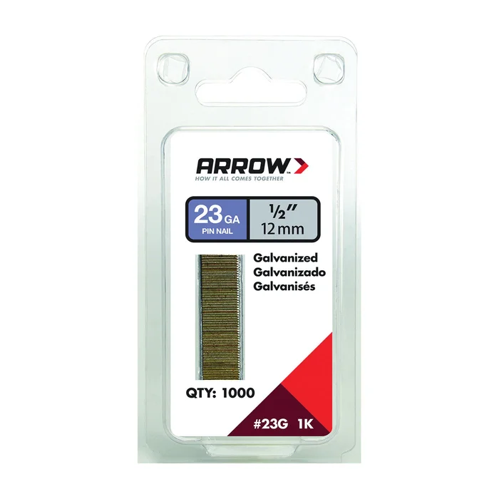 Arrow 23G12-1K Pin Nail, 1/2 in L, 23 Gauge, Galvanized Steel, Round Shank