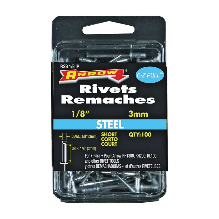 Arrow RSS1/8IP Pop Rivet, Short, 1/8 in L, Steel, 100/PK