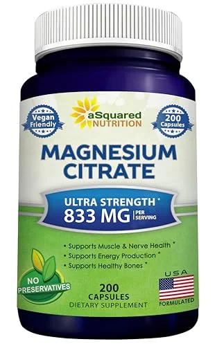 aSquared Nutrition Magnesium Citrate 833mg Supplement – 200 Capsules – Max Strength Vegan Mag Citrate Powder Pills to Support Pure Function of Muscles, Heart & Bones – Helps Increase Energy