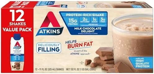 Atkins Milk Chocolate Delight Protein Shake, 15g Protein, Low Glycemic, 2g Net Carb, 1g Sugar, Keto Friendly, 12 Count