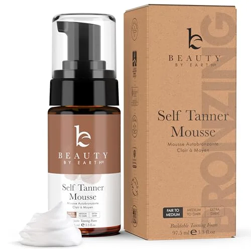 Beauty by Earth Self Tanner Mousse – Fair to Medium Gradual Self Tanner Foam, Sunless Tanner, Natural Self Tanner Mousse, Self Tanning Mousse Light, Vegan Tanning Mousse