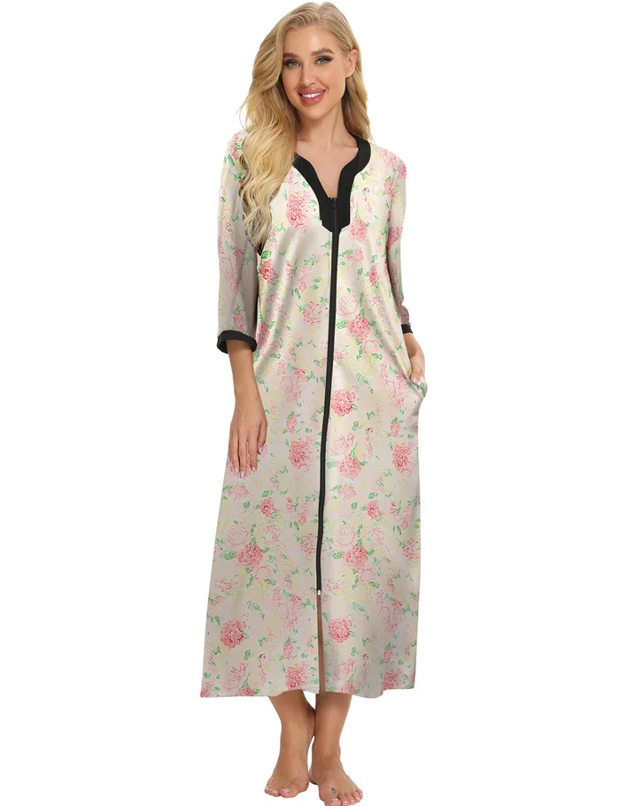 Bloggerlove House Dresses for Elderly Mumu Dresses Women Leopard House Dress Nightgown Robe Half Sleeve Loungewear Full Length Sleepwear Zipper Duster Housecoat