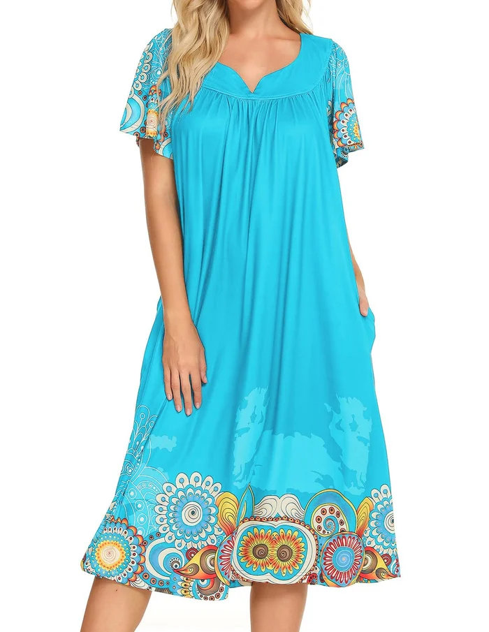 Bloggerlove House Dresses for Elderly Womens Sleepwear Mumu Dress Nightgown for Grandma Short Sleeve(Blue,3XL)