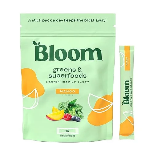 Bloom Nutrition Super Greens Powder Smoothie Mix, 15 Stick Packs – Probiotics for Digestive Health & Bloating Relief for Women, Digestive Enzymes with Organic Superfoods for Gut Health (Mango)