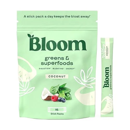 Bloom Nutrition Super Greens Powder Smoothie Mix, 15 Stick Packs – Probiotics for Digestive Health & Bloating Relief for Women, Digestive Enzymes with Organic Superfoods for Gut Health (Coconut)