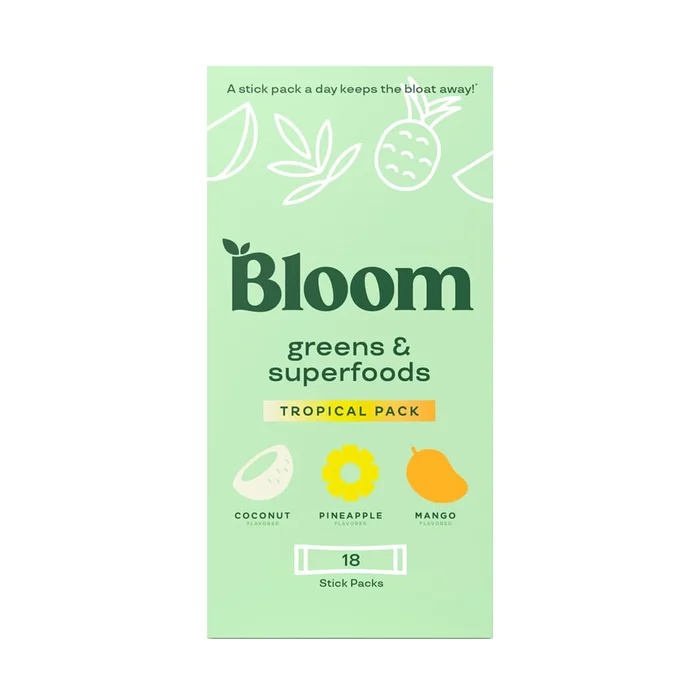 Bloom Nutrition Superfood Greens Powder Stick Packs, Digestive Enzymes with Probiotics and Prebiotics, Gut Health, Bloating Relief for Women, Chlorella, Green Juice Mix, 18 SVG, Tropical Variety