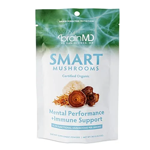 BRAINMD Dr Amen Smart Mushrooms – 3.2 oz – Mental Performance + Immune Support – Vegan, GMO Free, Gluten Free – 30 Servings