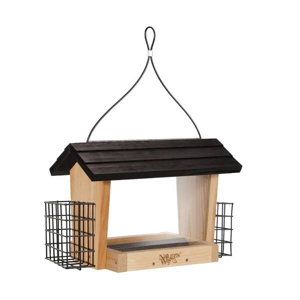 Cedar Hopper Feeder with Suet Cages, 6qt, Supports Small to Large Woodpeckers