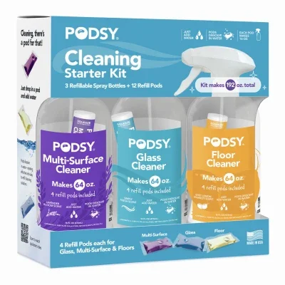 Cleaning Starter Kit, 3 Spray Bottles + 12 Refill Pods