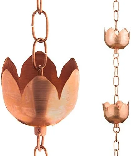 Copper Rain Chain – Decorative Chimes & Cups Replace Gutter Downspout & Divert Water Away from Home for Stunning Fountain Display – 8.5’ Long for Universal Fit – Flower Style