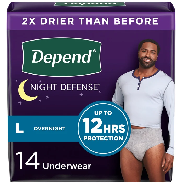 Depend Night Defense Adult Incontinence Underwear for Men, Disposable, Overnight, Large, Grey, 14 Count, Packaging May Vary
