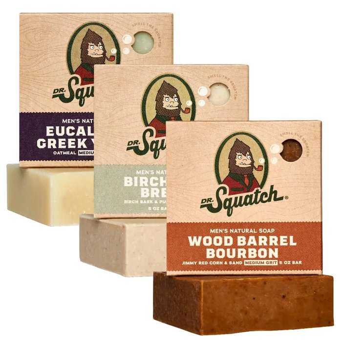 Dr. Squatch All Natural Bar Soap for Men, 3 Bar Variety Pack, Wood Barrel Bourbon, Birchwood Breeze, and Eucalyptus Greek Yogurt – Natural Men's Bar Soap