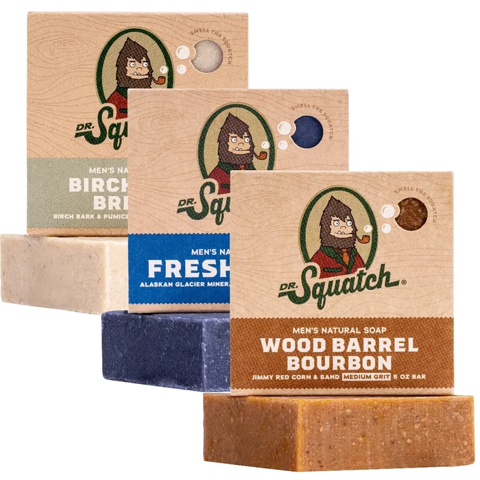 Dr. Squatch Men's Natural Bar Soap from Moisturizing Soap Made from Natural Oils – Cold Process Soap with No Harsh Chemicals – Wood Barrel Bourbon, Fresh Falls, Birchwood Breeze (3 Pack)