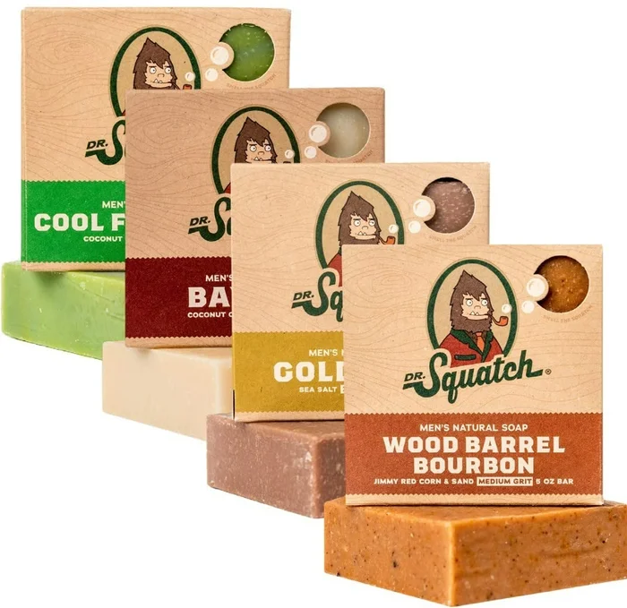 Dr. Squatch Men's Soap Variety 4 Pack – Wood Barrel Bourbon, Gold Moss, Bay Rum, Cool Fresh Aloe