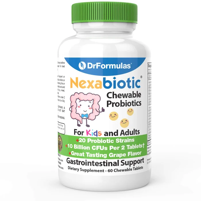 DrFormulas Chewable Probiotics for Kids & Adults | for Oral Dental Health, Bad Breath, & Better Digestion 20 Multi Strain – S boulardii, Lactobacillus plantarum and Bifidobacterium infantis, 60 Chews