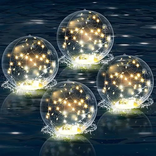 Floating Pool Light Solar Powered，14′ Solar Inflatable Glow Balls for Pool, 4 PCS IP68 Waterproof Warm White Fairy Floating Lights for Outdoor Swimming Pool Lawn Party Landscape Decoration