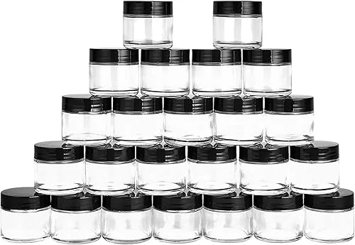 Hoa Kinh 2 ounce Glass Jars with Lids, 24 Pack Round Glass Jars, Small Clear Glass Container with Black Plastic Smooth Lids
