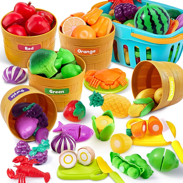 JOYIN Color Sorting Play Food Set – Learning Toys for Boys & Girls, Cutting Food Toy, Kitchen Accessories for Kids, Toddler Sorting /Fine Motor Skills Toy, Daycare/Preschool Educational Toys