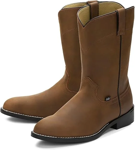 Justin Temple 10′ Roper Cowboy Boots for Men – Durable Pull-On Round Toe Cowhide Boots with Covered Cushion Insole and Triple-Density Insole Board