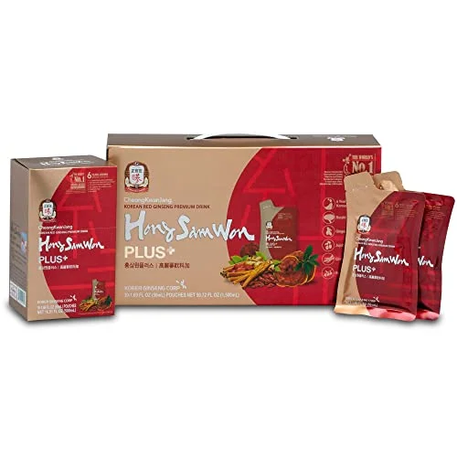 Korean Red Ginseng Energy Boost Drink with Reishi Mushroom, Ginger Extract, Goji Berry [CheongKwanJang – Hong Sam Won Plus] Caffeine Free Herbal Tea, Increase Productivity – 30 Pouches