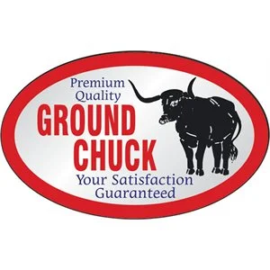 Label – Ground Chuck(Premium) Red/Black/Bl(Silver) 1.25x2oval In. 500/rl